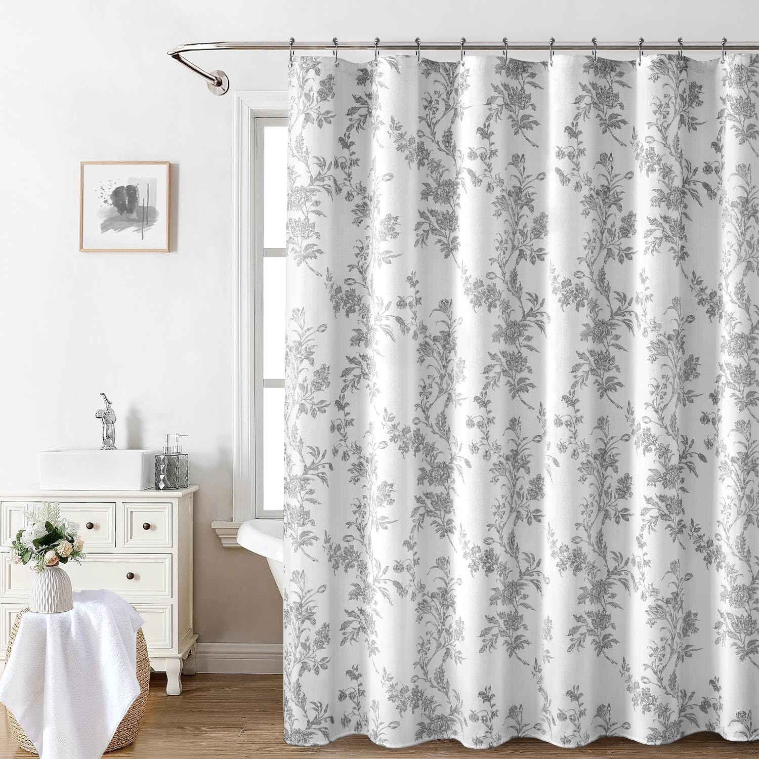 Awellife Gray Shower Curtain,Cotton Floral Cottagecore Shower Curtain for Bathroom 72'' W x 72'' L